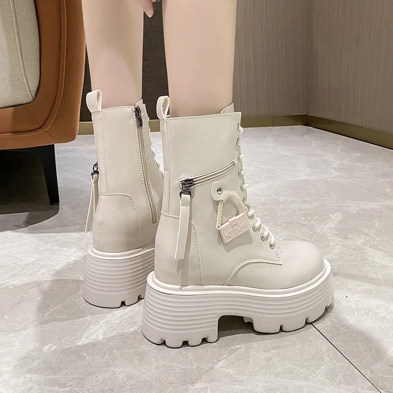 New 2023 Autumn Platform Mid-calf Boots 9CM High Heels Women Thick Sole Winter Leather Punk Shoes Chunky Motorcycle Boots Woman