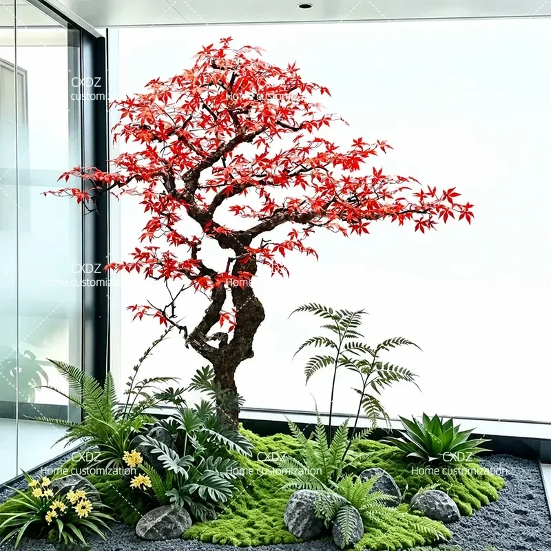 Simulation red leaf maple shape fake tree courtyard landscape green plants potted plants horse drunk wood chicken feet maple