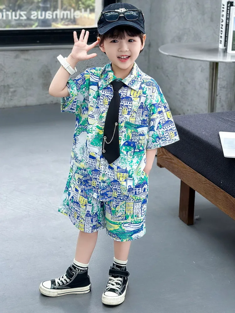 Summer Baby Boys Clothes Set Kids Vacation Clothing Boy Full-Print Shirt + Tie + Shorts 3pcs Suit 2-12Year Children Outfit