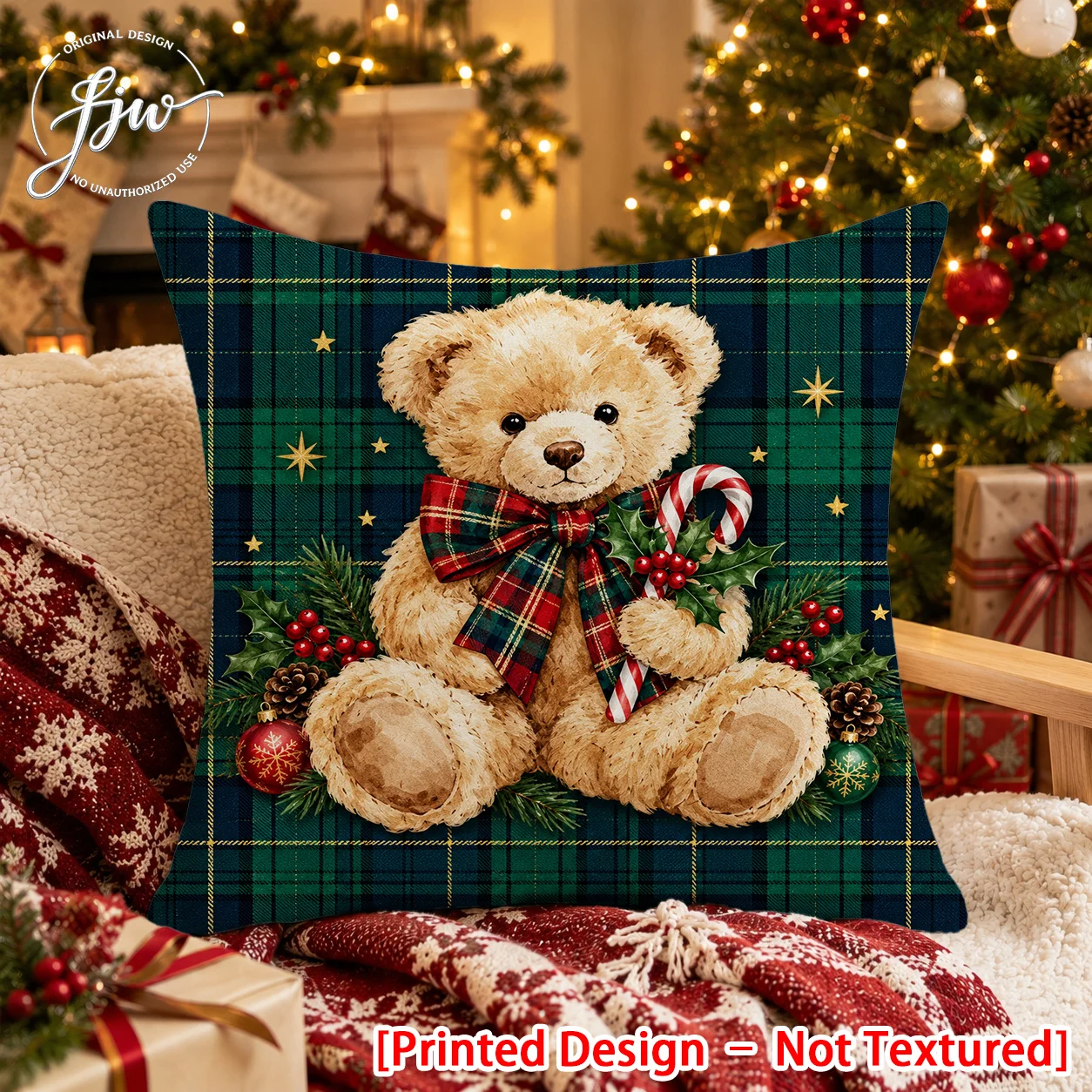 1pc Christmas Vintage Plaid Teddy Bear Pillowcase, Featuring a 2D Flat Printing Process, Is a Light-toned Decorative Pillowcase