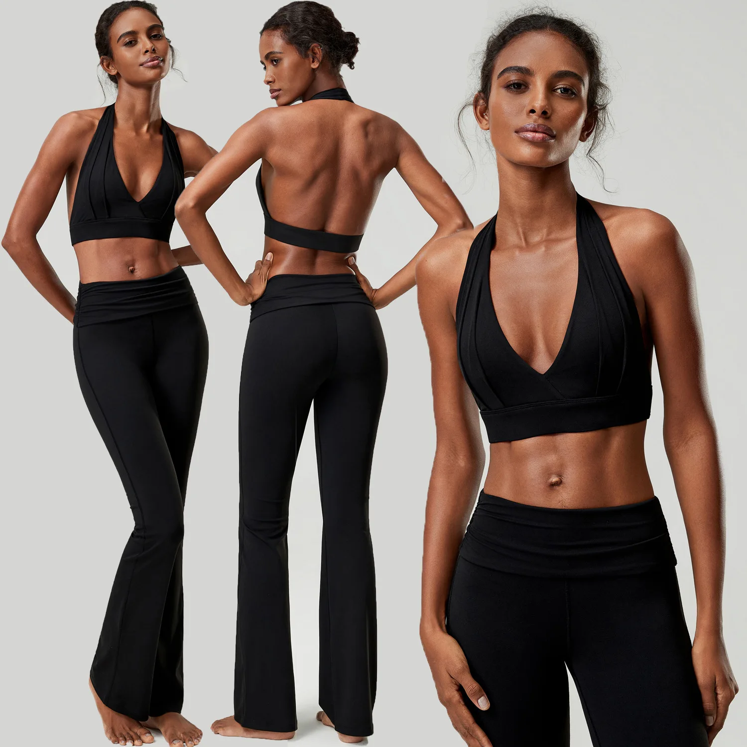 Women Yoga Set 2 PCS Halter V Neck Backless Sports Bra Fold Over Waist Flare Leggings Nude Feel Soft Gym Pilates Workout Clothes