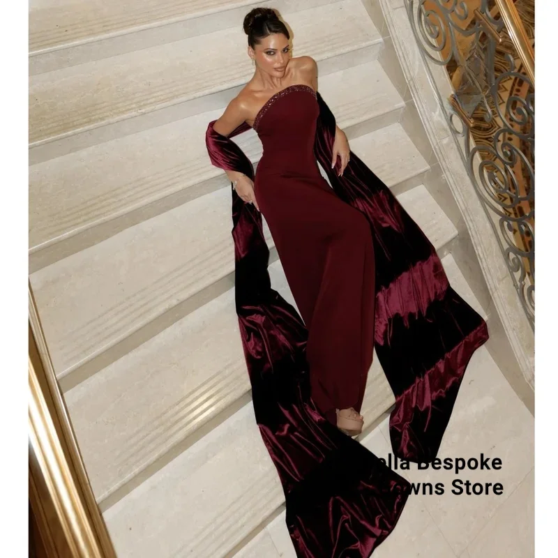

Burgundy Evening Dresses Woman Strapless vestidos de noche with Wrap Prom Dress Elegant Wedding Party Gown Customized