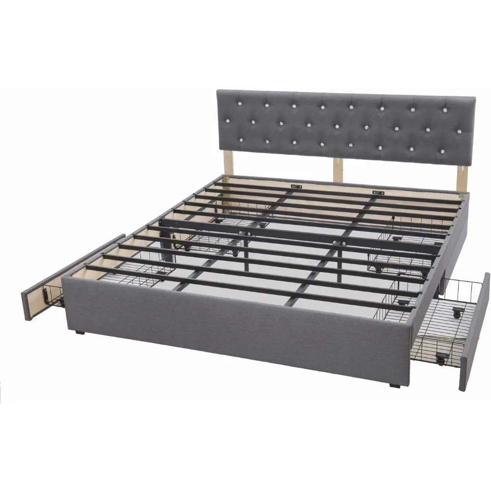 إطار سرير رمادي من قماش الكتان البانانا مع لوح رأسي كريستالي، 4 أدراج تخزين، دعم شرائح معدنية، لا حاجة إلى صندوق زنبركي (King (U)
