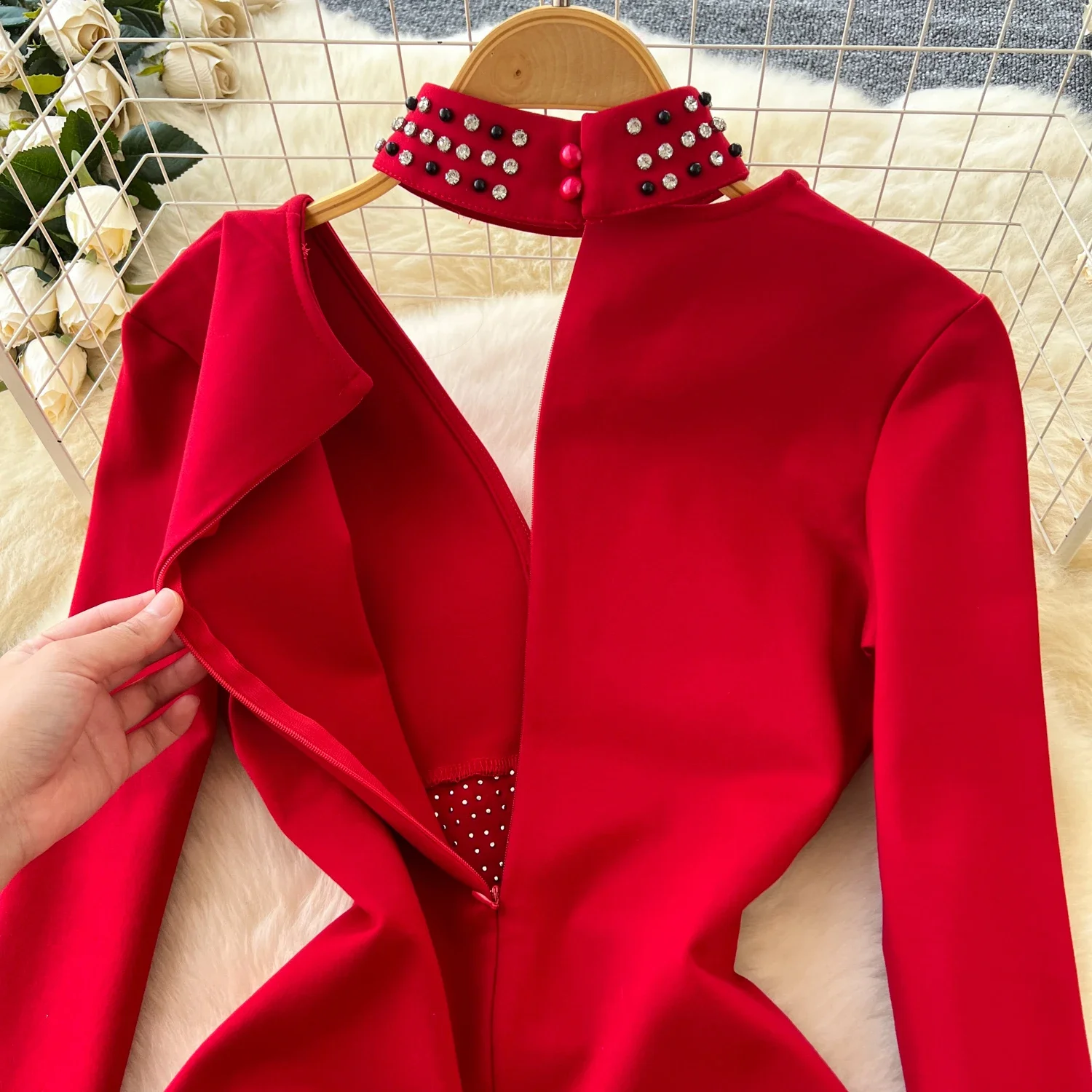 Vintage V-neck Chic Long Sleeve Rhinestone Dresses Women Korean Fashion Evening Party Slim High Street Autumn Winter Clothing