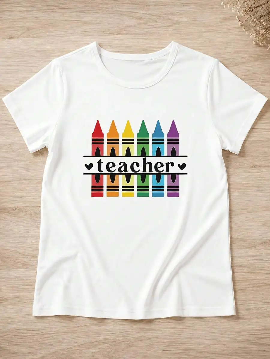 Women's Teacher Graphic Tee Colorful Crayon Design Teacher Text Print Crewneck Short Sleeve Polyester Lightweight Durable Casual Top Teacher Appreciation Gift Idea