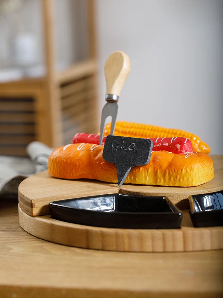 Round cheese board, bamboo kitchen bread board, ceramic bowl with knife set