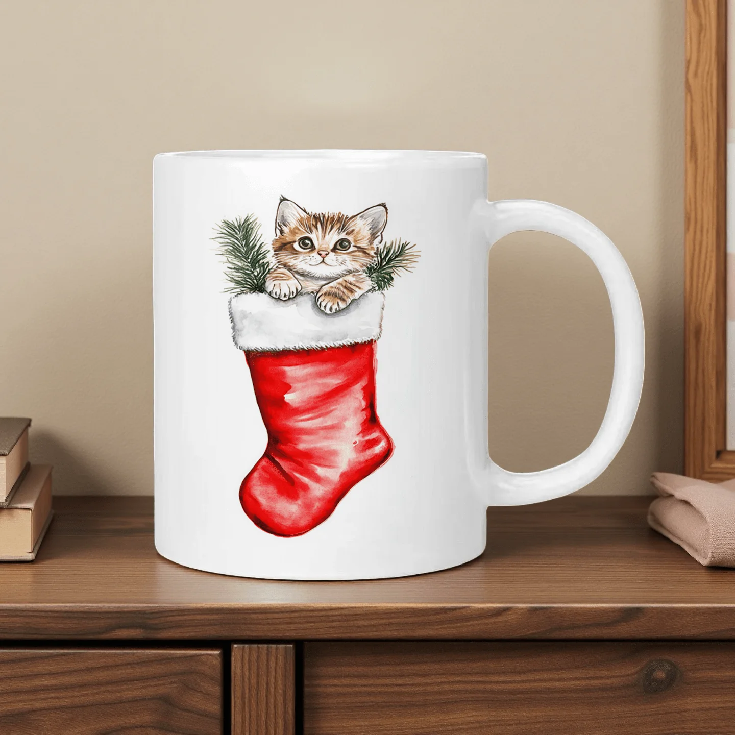 This ceramic mug features a Christmas shoe cat design and can be used as a coffee mug, water cup, or tea cup.