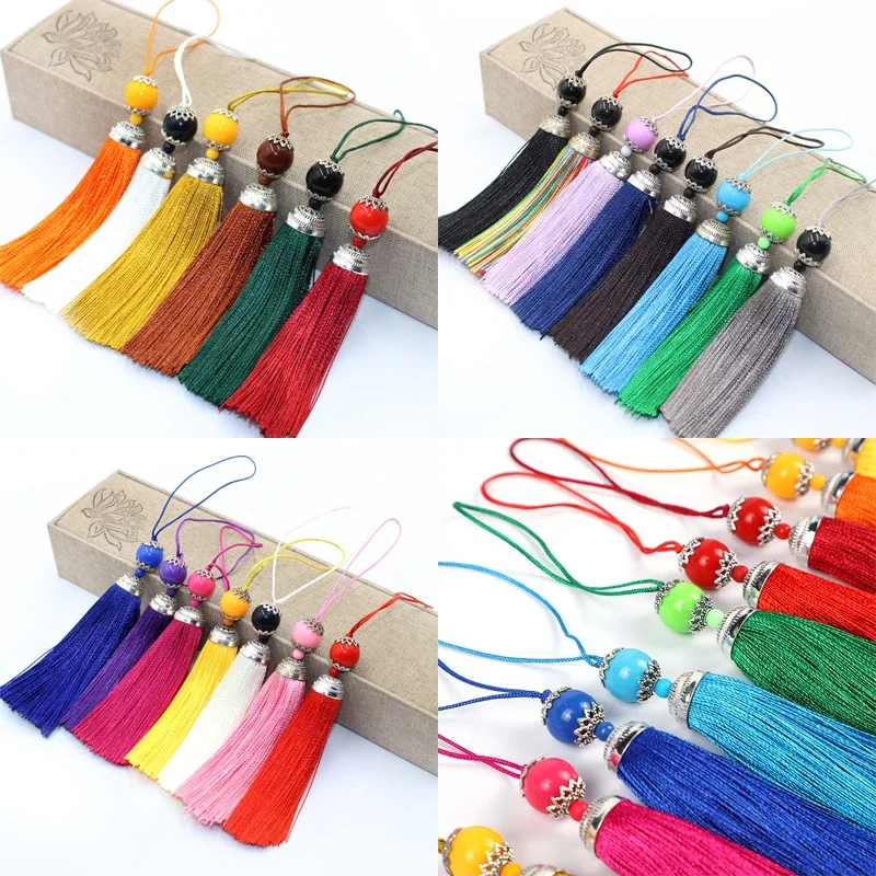 2/5Pcs 8CM Silk Tassel with Acrylic Beads Fringe Brush Tassels Trim Pendant for Crafts DIY Jewelry Finding Key Chain Accessories