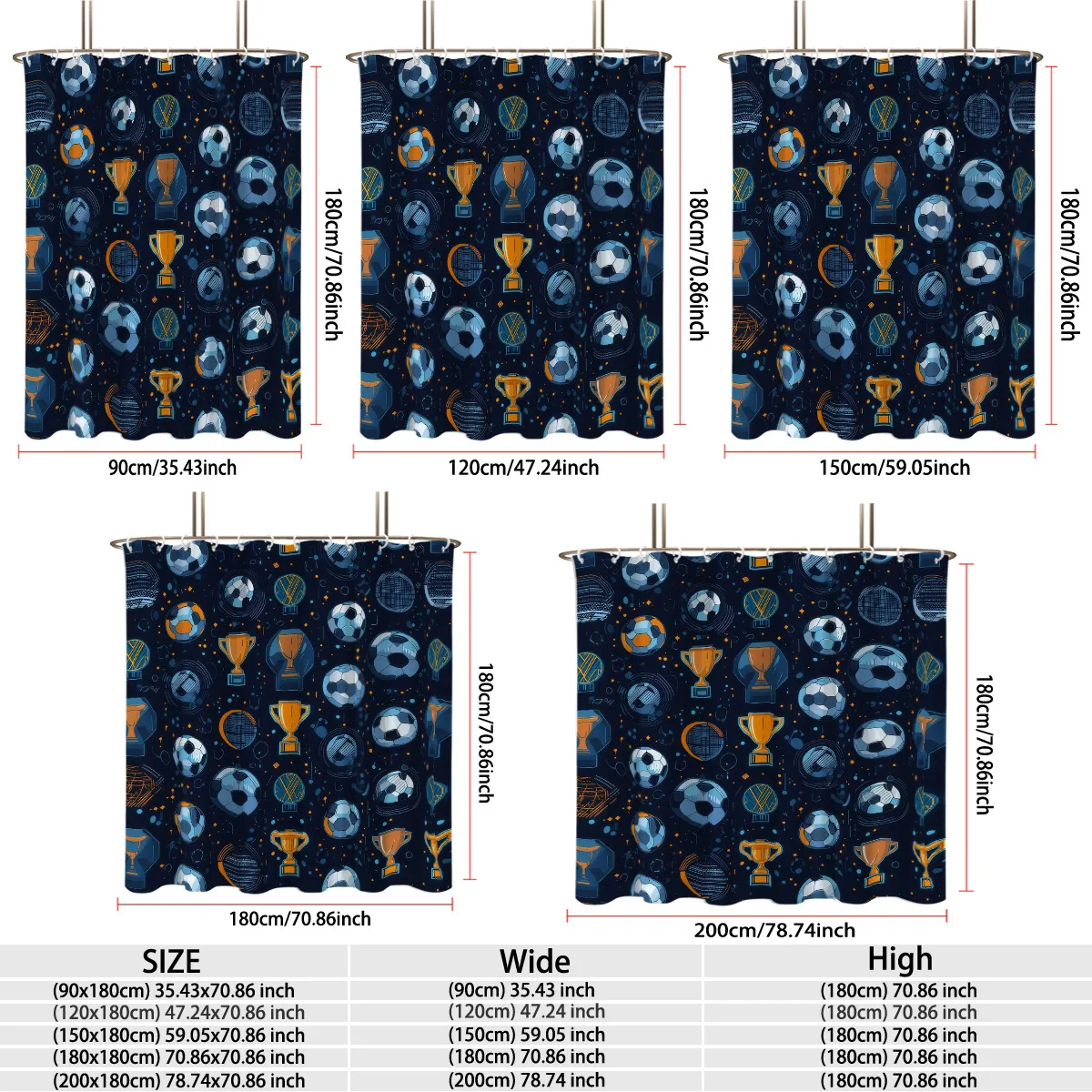 Waterproof Soccer Football Shower Curtain Trophy Design Sports Game Day Decoration Bathroom Curtain 180x180cm