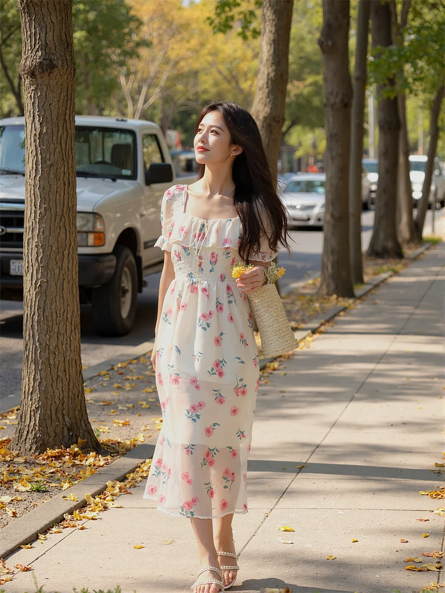 여성용 파티 웨딩 플로럴 프린트 발목 길이 자수 비즈 장식 스팽글 드레스