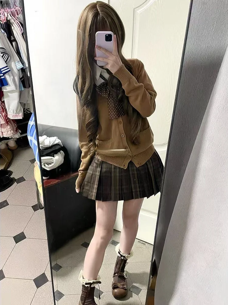 

Caramel Colored JK orm Set with Plaid Skirt Long Sve Knitted Open Cardigan Sweater for Autumn Winter College Sle