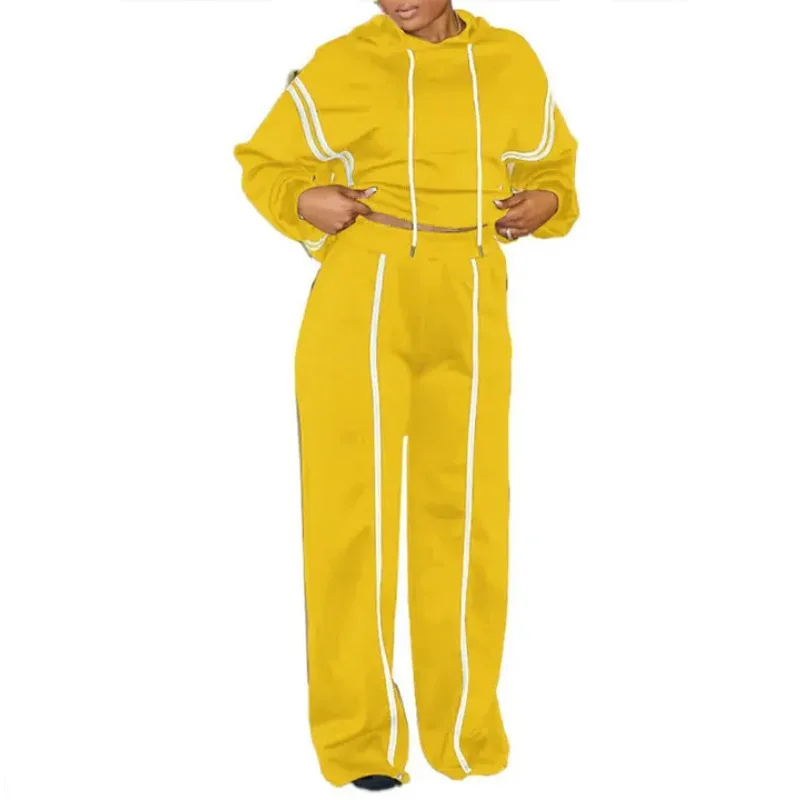 

Autumn Winter Fashion Solid Color Two Piece Set Women Long Sleeved Hooded Sweatshirt Long Pants Casual Sports Two Piece Set
