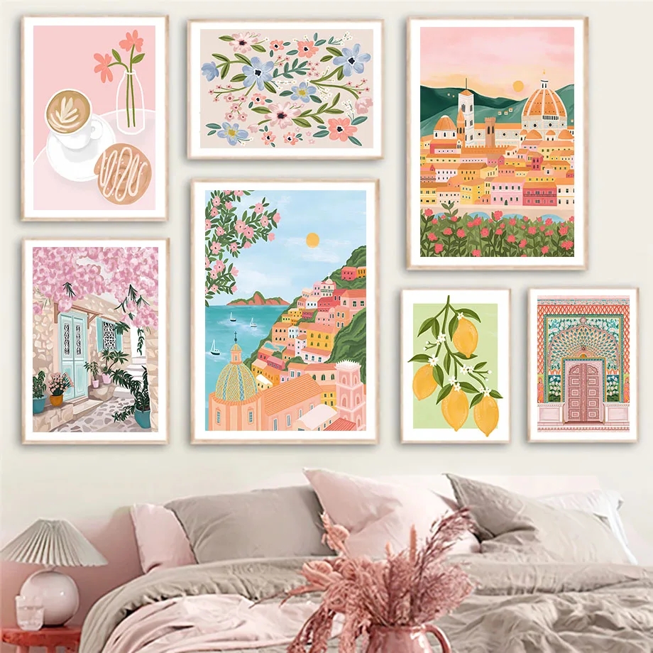 Frameless canvas paintings,Santorini Lemon Coffee Flowers Summer Illustration Posters & Prints Wall Art Canvas Painting Pictures
