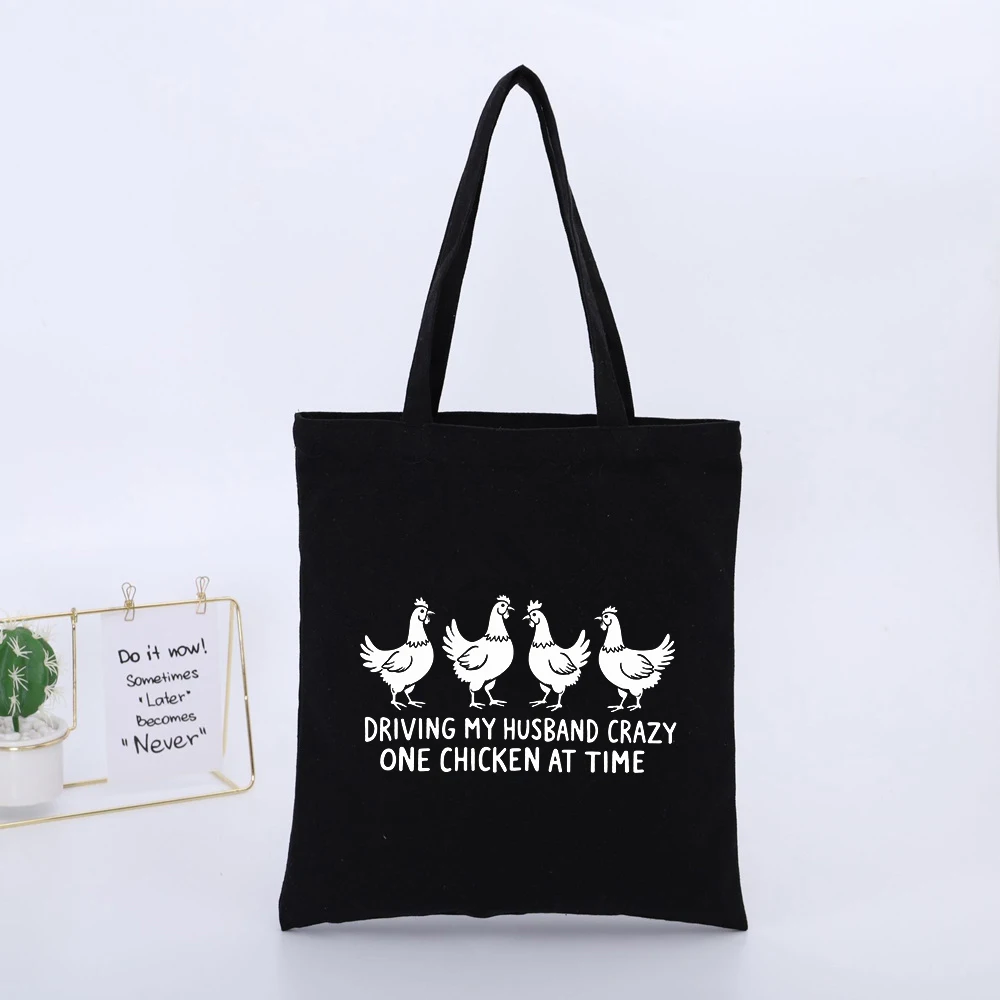 Chicken Graphic Black Canvas Tote Bag, Casual Style for Daily Shopping and Errands