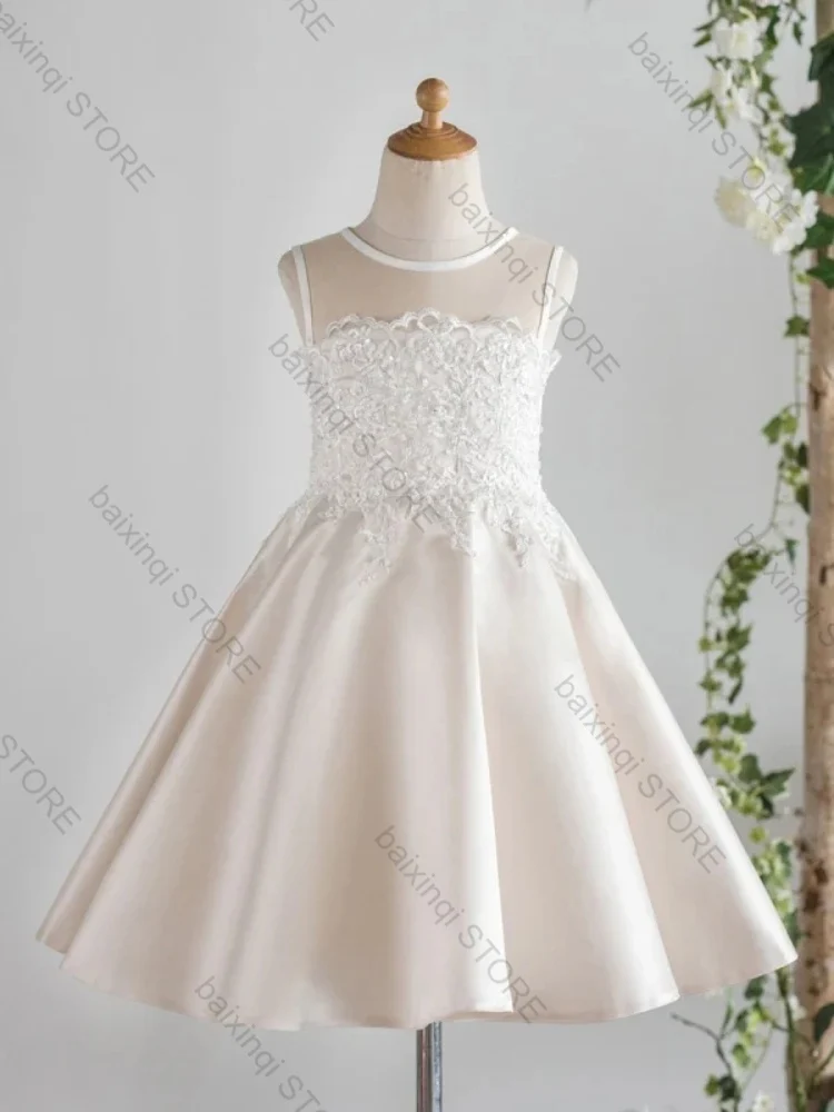 

Champagne color Flower Girl dress Satin Appliques Short Skirt Can custom color kids formal occasion princess Evening Dresses