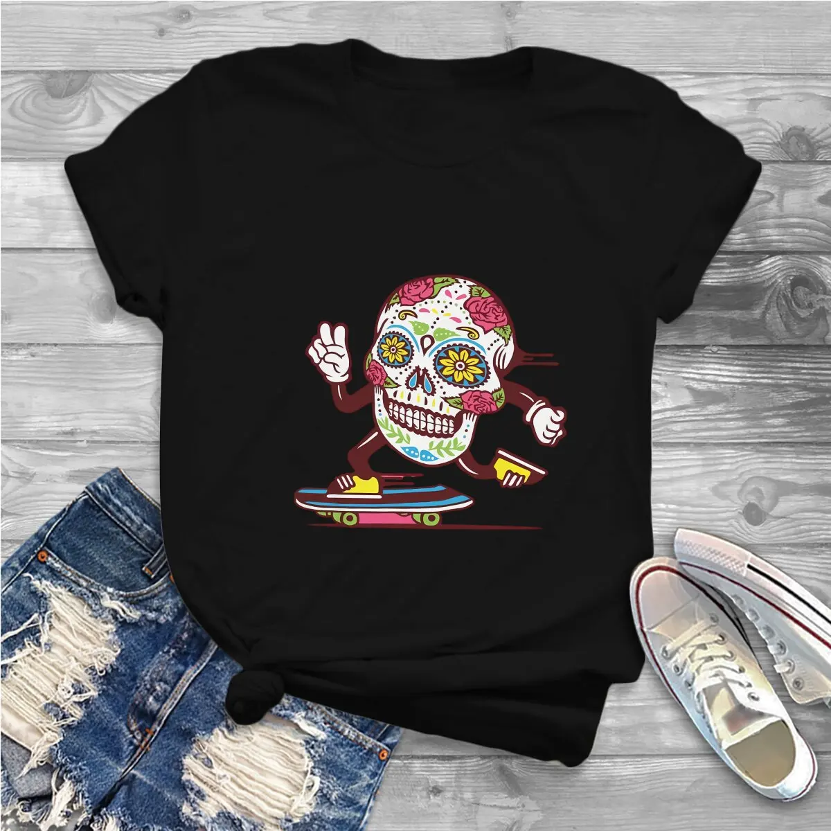 Bloemen Ronde Kraag Polyester T-Shirt Skateboard Basic T-Shirt Vrouwen Tops Individualiteit