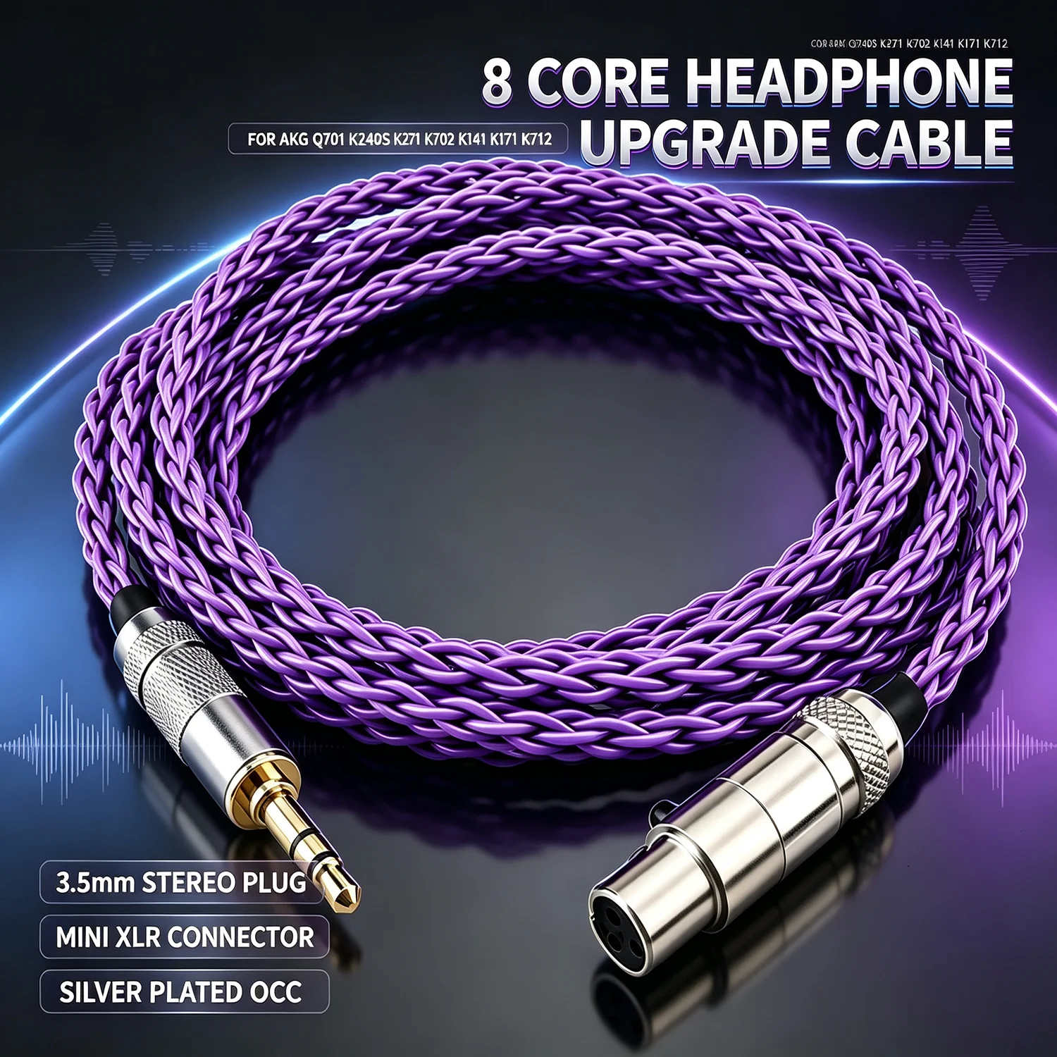 Hot Sale 8 Core Audio Headphone Upgraded Cables 3.5mm Stereo Plug to Mini XLR for AK G Q701, K240S, K271, K702, K141, K171, K712