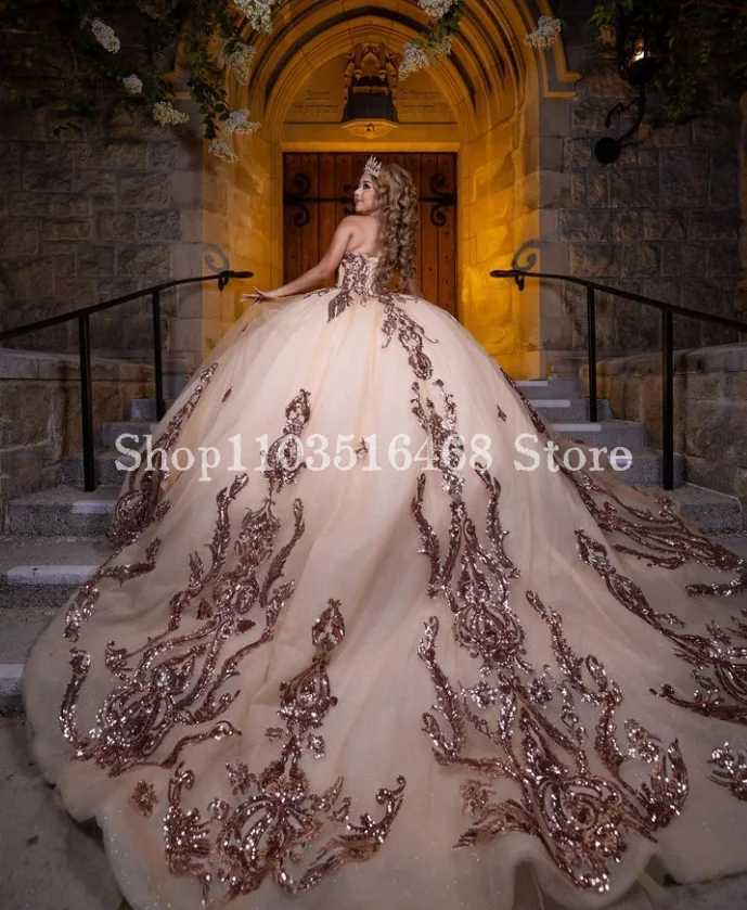 Champagne Luxury Princess 15 Quinceanera Dresses Cathedral Train Crystal Applique Glitter Mexico 16 year old vestidos de 15 años