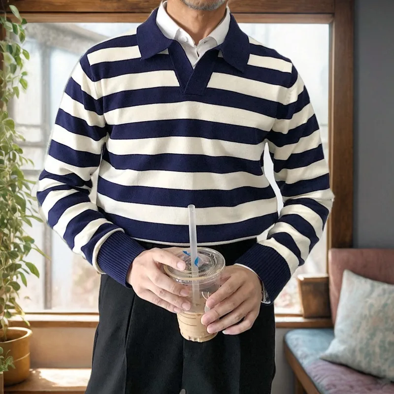 Nowa męska bluza na jesień i zimę 2025, czarno-biała w paski, z kołnierzykiem, biznesowa, codzienna, uniwersalna, ciepła warstwa wewnętrzna, modny top.