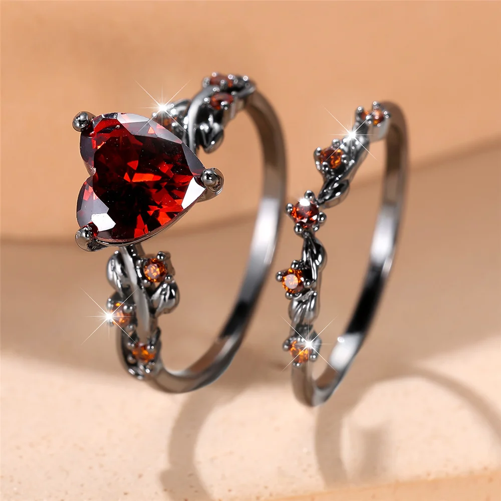 Crystal Female Red Zircon Love Heart Ring Set Fashion Vintage Black Gold Color Bridal Wedding Engagement Jewelry For Women