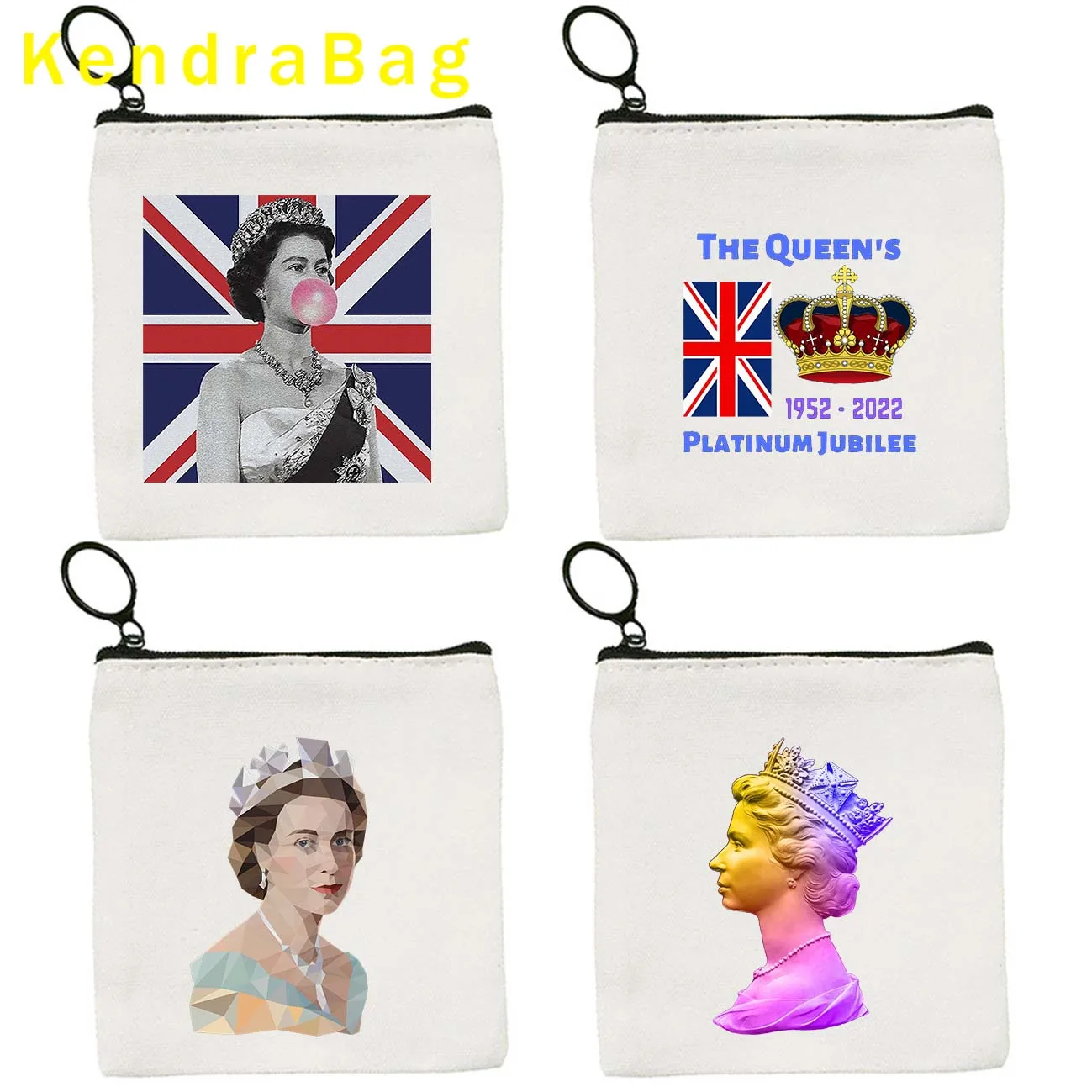 Queen Elizabeth II Portrait England Flag British Platinum Jubilee Key Coin Purse Canvas Bag Pouch Cotton Bag Wallet Zipper Gifts