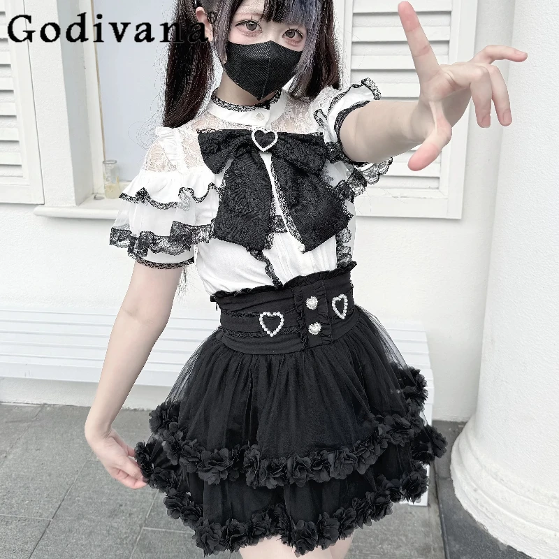 

Original Mine Mass-Produced Short-Sleeve Shirt Skirt Outfits Women Subculture Gothic Sweet Cool Lolita Top High-Waisted Skirts