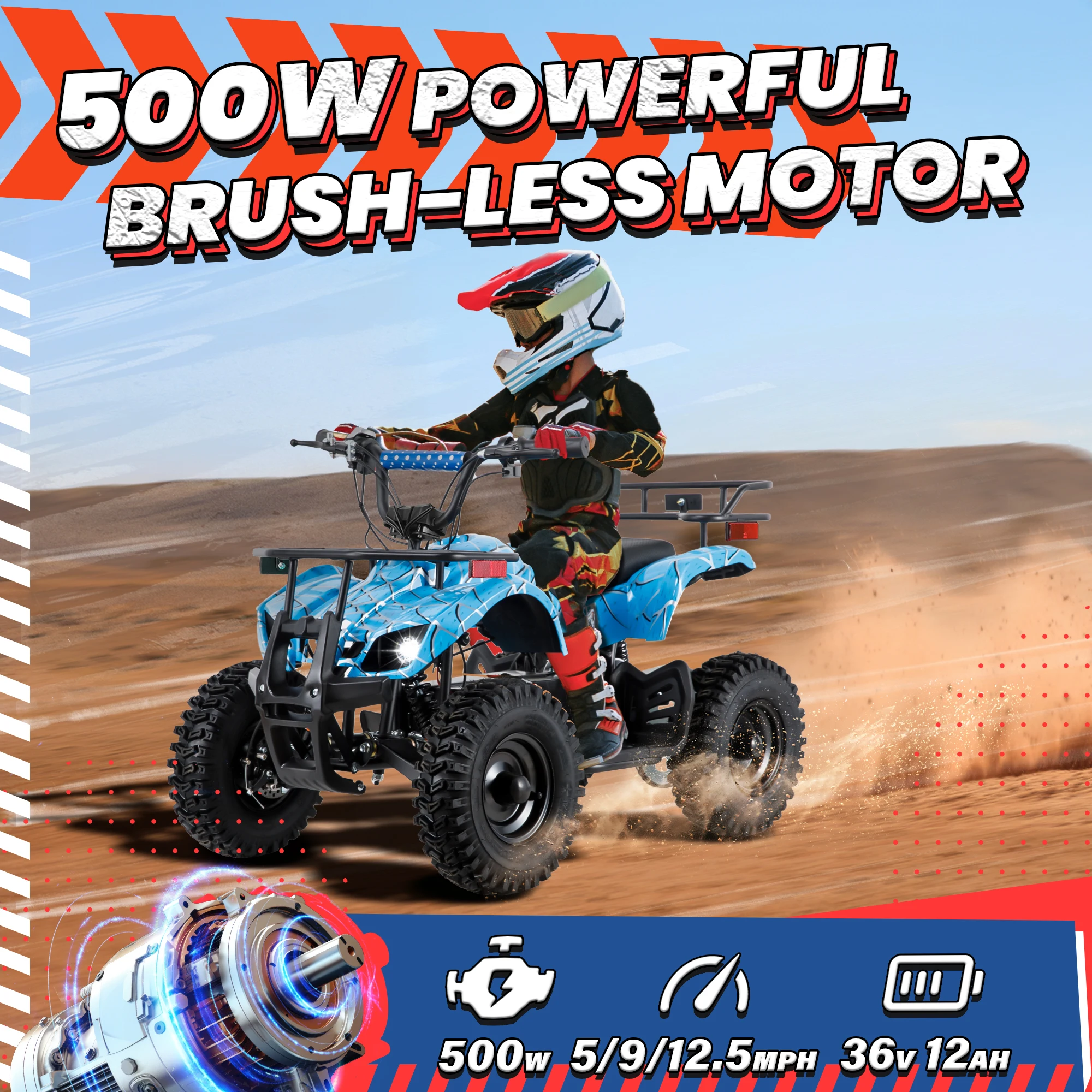 36V Electric ATV Dirt Quad Electric Four-Wheeled ATV with 500W Brushless Powerful Motor Off-Road Vehicle Electric Kids ATV Ride