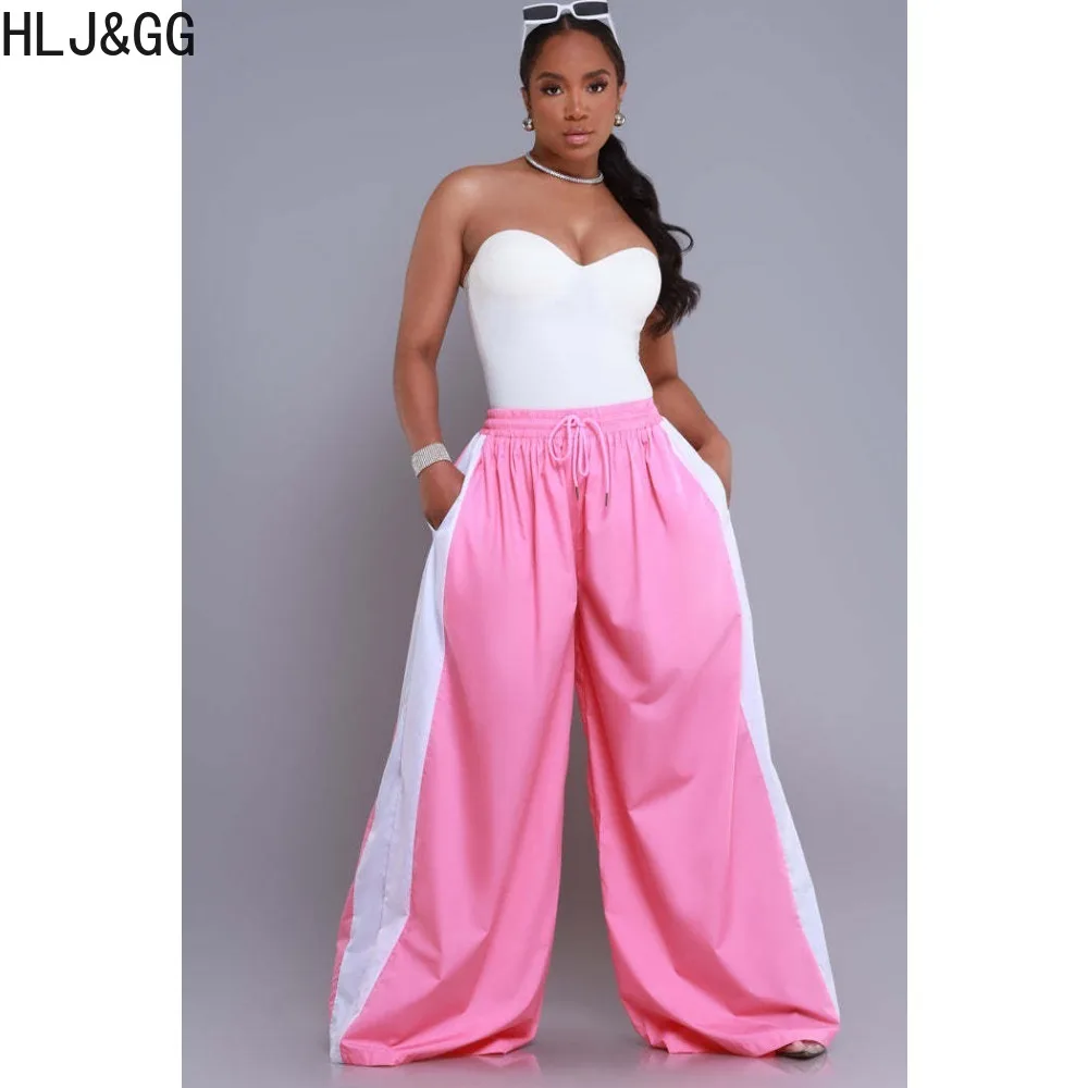 HLJ&GG Fashion Stripe Stitching Loose Wide Leg Pants Women Elastic High Waist Drawstring Pocket Straight Trousers Casual Bottoms