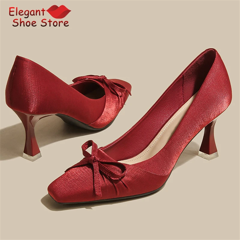 

Red Satin Bow High Heels for Women Chinese Style Wedding Shoes Sexy Pointed Toe Shallow Stiletto Pumps Elegant Party Shoes