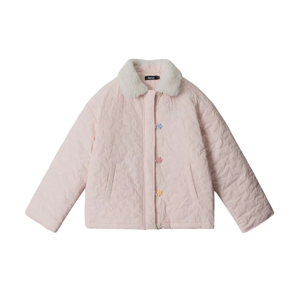 Kawaii Pink Embroidery Fleece Loose Jacket Cotton Coats for Women Girls Acamedia Outerwear Spring Winter Clothes Streetwear