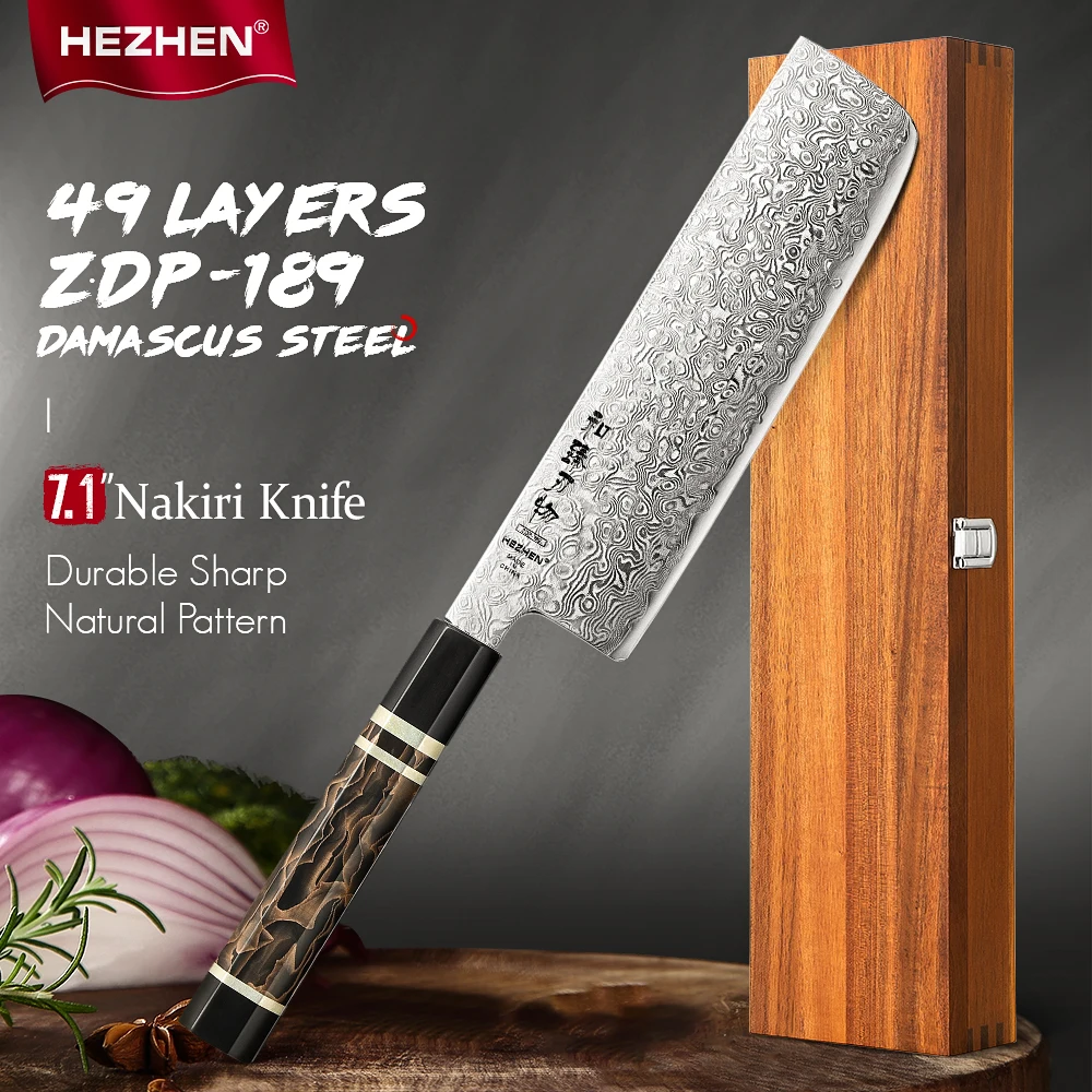 HEZHEN 49-lagiges Nakiri-Messer aus Damaststahl ZDP-189, Pulverkernstahl, 65–67 HRC, Geschenkbox aus Holz, Küchenmesser