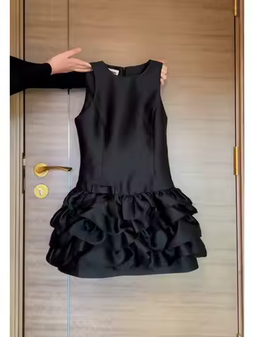 French Vintage Evening Party Short Dress Women Black Elegant Ruffled Vest Hepburn Style Fashion Fit Slim Princess Dress 2025 New