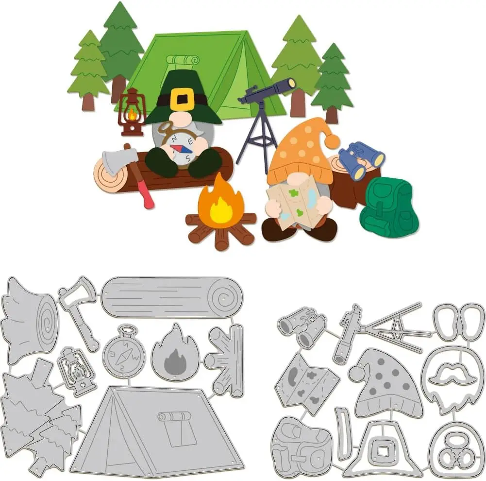 Camping Tent Telescope Cutting Dies for DIY Scrapbooking Metal Gnomes Tree Die Cuts Embossing Stencils Template for Paper