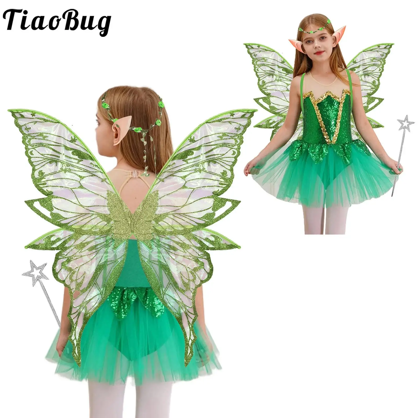 

Girls Butterfly Fairy Dress Up Costumes Outfit Sleeveless Sequins Mesh Tutu Dress with Wings Halloween Fairy Stick Garland Set