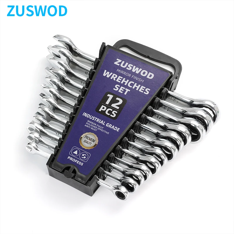 Opening Plum Blossom Dual-Use Ratchet Wrench Set, 8-19mm Metric Wrench Set, Mirror Polished Chrome Vanadium Steel Bar Storage Box Combination Wrench Set, 72 Tooth Industrial Household Maintenance, Professional DIY Car Maintenance Manual Tool Set
