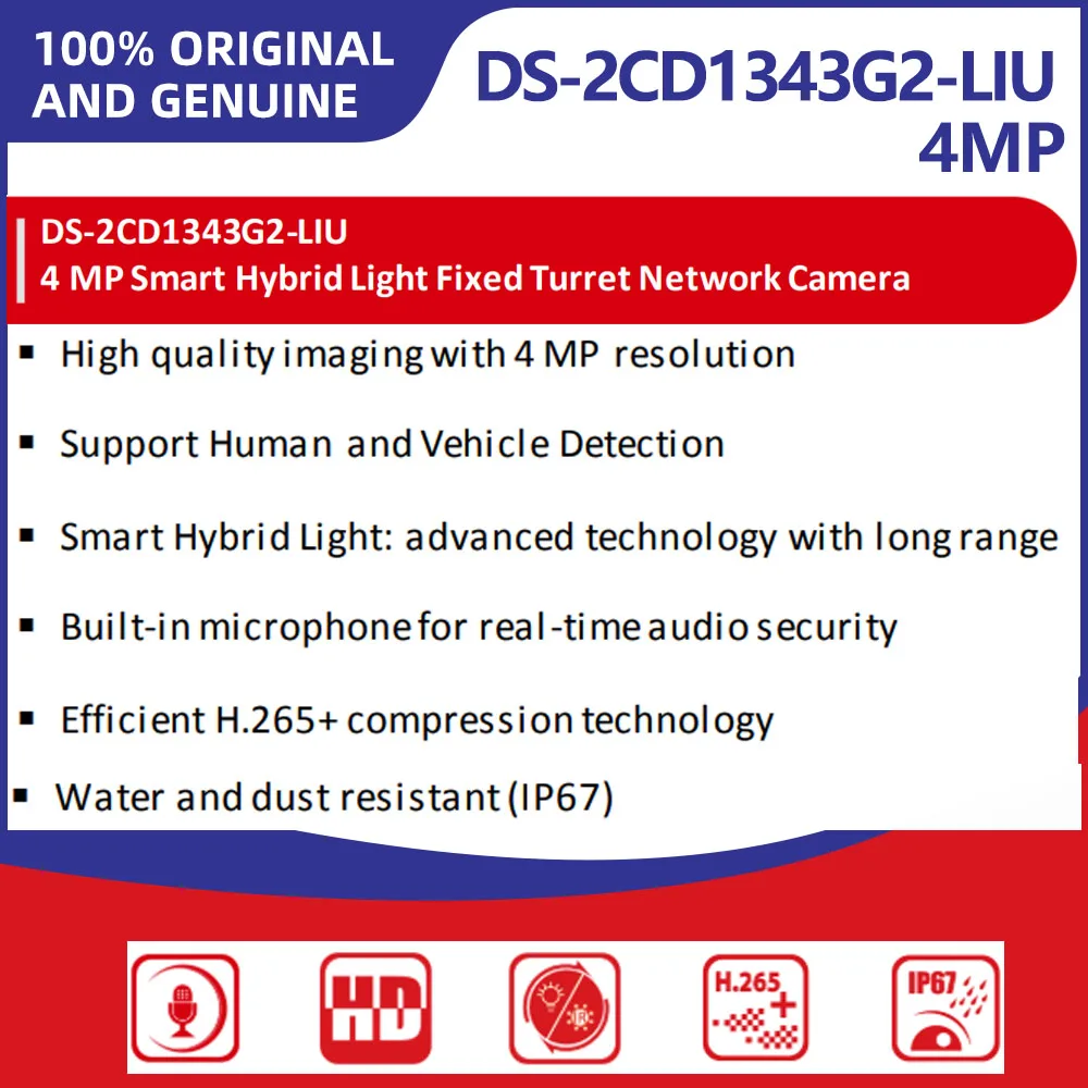 Hikvision DS-2CD1343G2-LIU 4MP Fixed Turret Camera Human Vehicle Detection Built-in Mic 30m Dual Light IP67 PoE Security Network