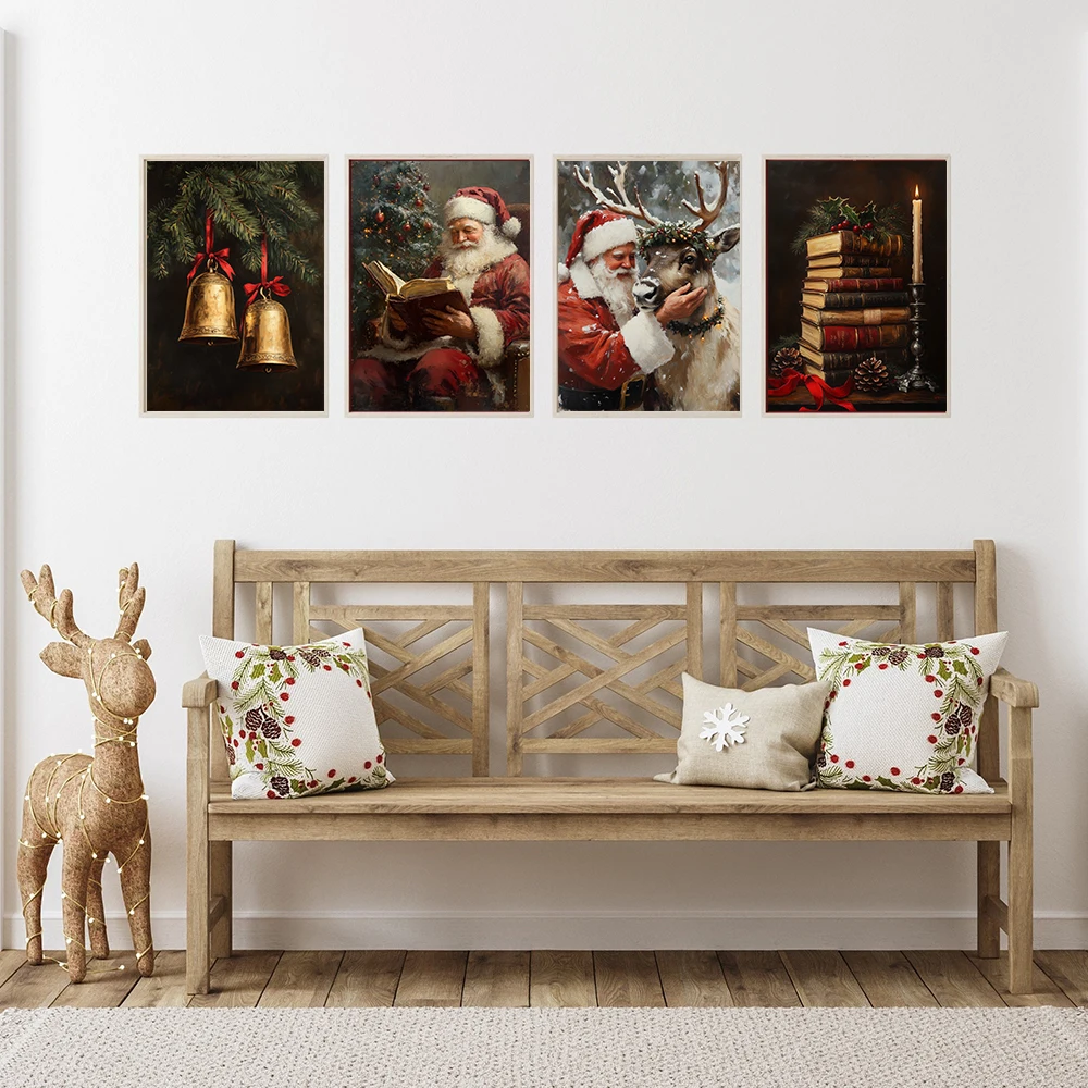 Vintage Winter Christmas Santa Xmas Tree Snowman Posters Prints Canvas Painting Wall Art Picture For Living Room Home Decoration