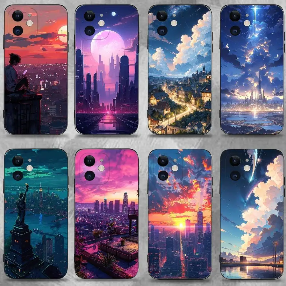 

City Night Sky Phone Case For iPhone 16,15,14,13,12,11 Plus,Pro Max,XS,X,XR,SE,Mini,8,7,Soft Silicone Black Cover