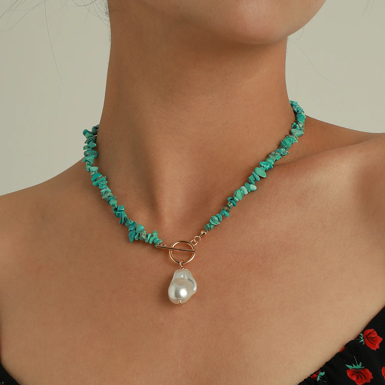 Premium Green Turquoise Baroque Pearl Necklace OT Buckle Design for Women Elegant Everyday Wear Standard Length