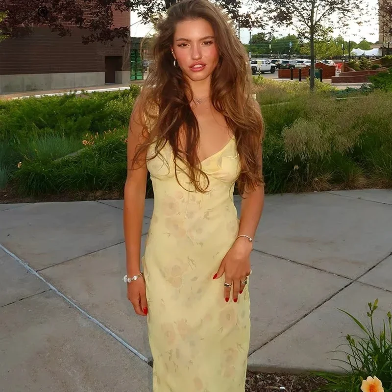 

Summer Floral Print Plunge Maxi Dress Outfits Sexy Backless Fairy Sun Dresses Vacation Beachwear Vestido Coquette