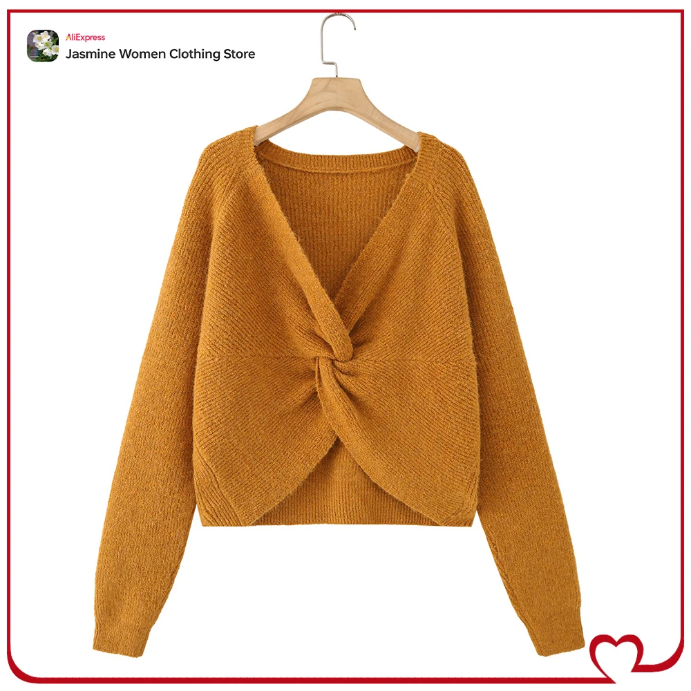 

Autumn Stylish Women's Pumpkin Knit Jumper with Back Knot Elegant Chic Round Neck and Long Sleeves Sweater with Knot on The Back