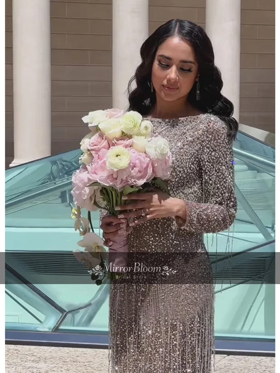 

Elegant Champagne Ankle Length Beaded Fringe Evening Dress Luxury Long Sleeve Formal Gown Prom Wedding Party Dress Customized