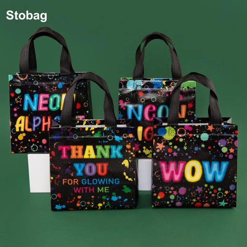 StoBag 8/20pcs Happy Birthday Black Non-woven Tote Bags Gift Candy Package Fabric Waterproof Storage Reusable Pouch Party Favors