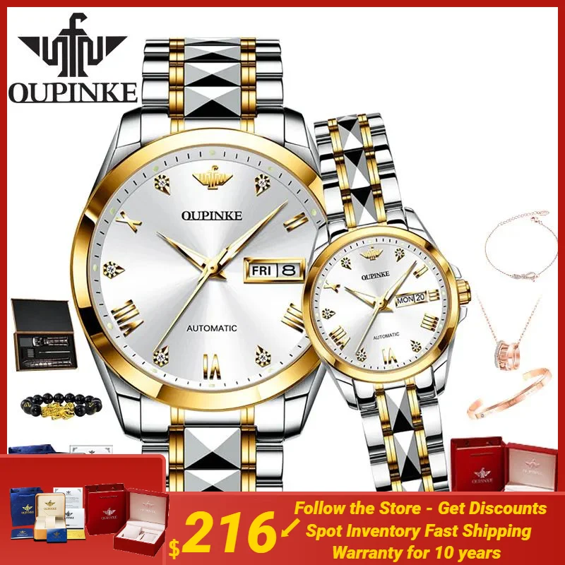 

OUPINKE Original Men Watch Automatic Mechanical Sapphire Crystal Waterproof Women Watch Couple Watch Bracelet Set Watch for Man