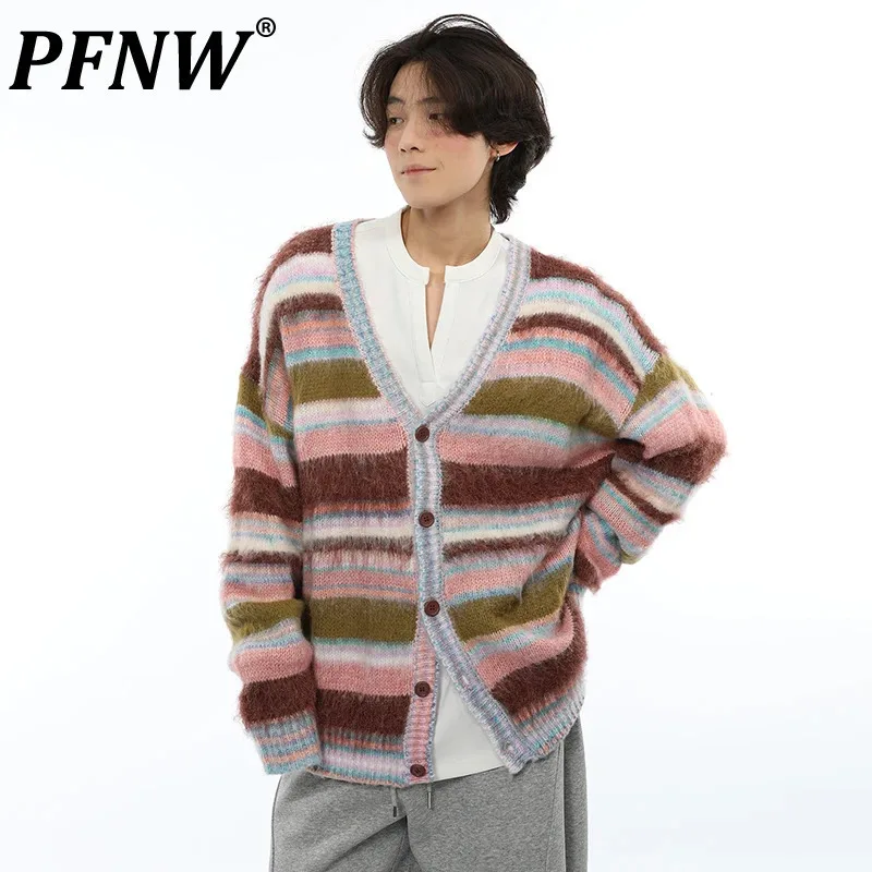 

PFNW Korean Art Brushed Striped Cardigan Sweater Male Autumn Lazy Contrast Color Loose Knitted Men Tops 2024 Trendy New 28W4238