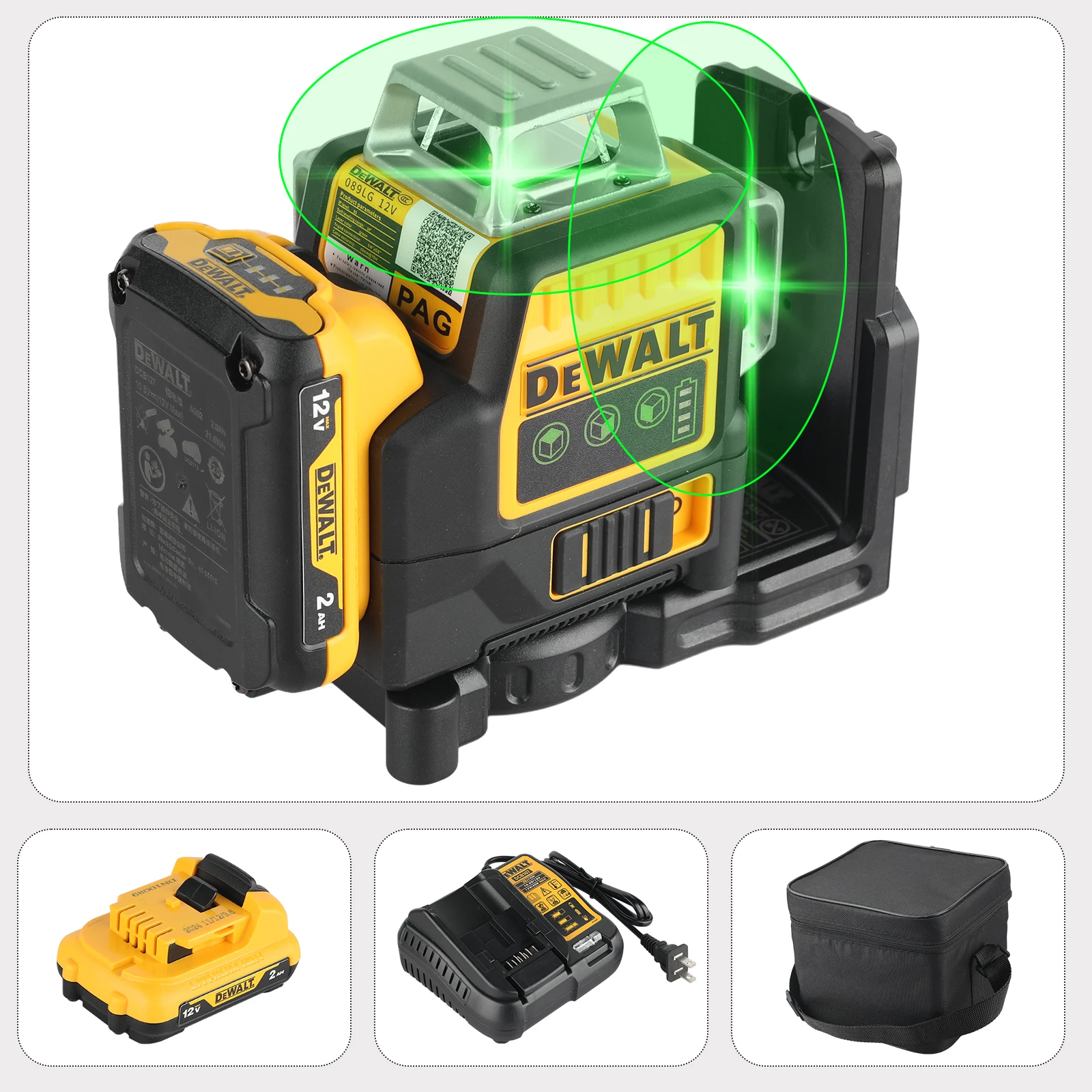 

Dewalt DW089LG 3 Sides*360 Degree Vertical 12V Lithium Battery 12 Lines aser Level,Vertical Horizontal Green Meter Outdoor tool