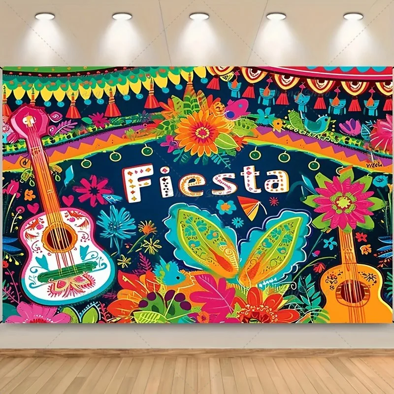 Mexican style theme backdrop cloth carnival party cake table decoration banner guitar photography background props