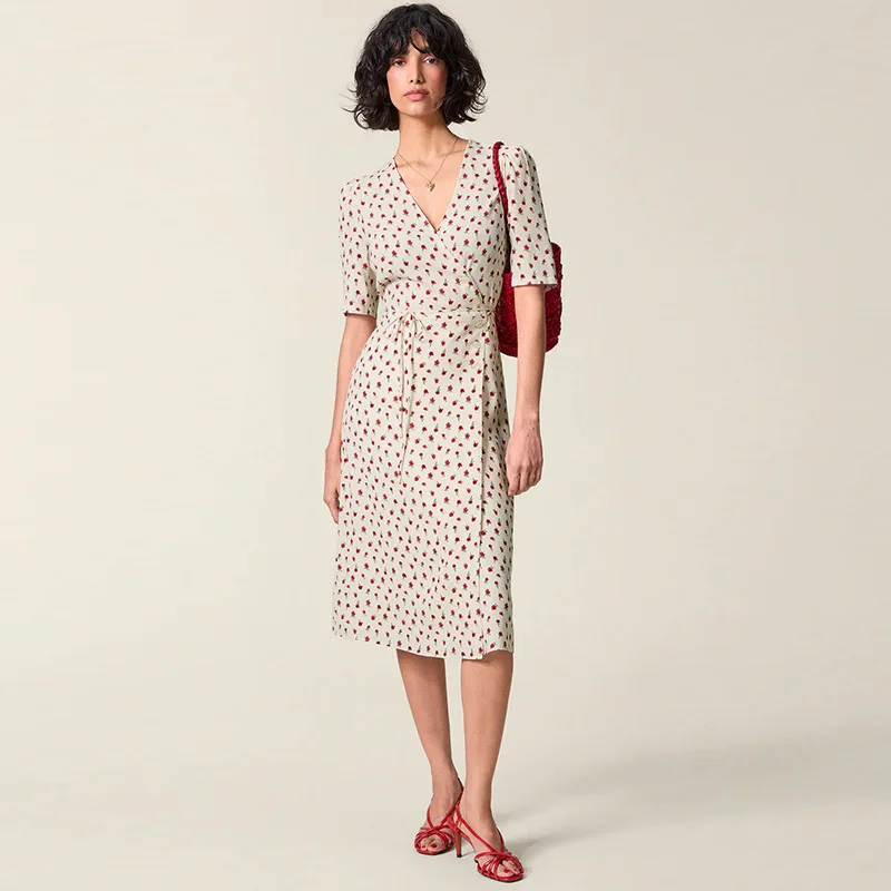 

Floral V-neck Short-sleeved Medium Summer Long Dress French Coffee Break Wrap Skirt Straps