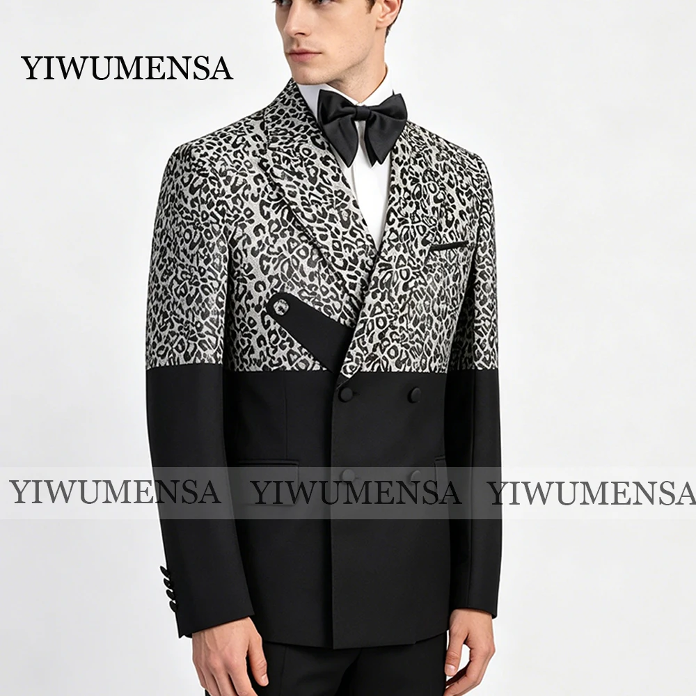 

Male Fashion Suits Leopard Printed Spliced Blazers Customized Costume Homme Wedding Prom Tuxedo Groom Wear 2 Piece Jacket+Pants