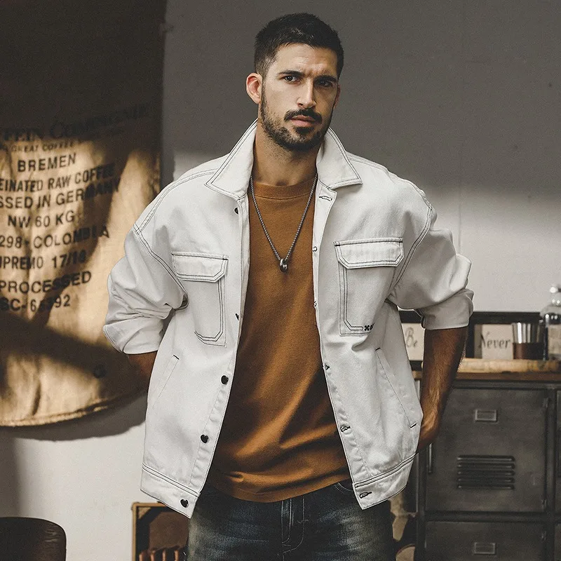 

White Denim Jacket Men's Autumn New Loose Fashion Big Pocket Lapels Single Breasted Tops Couple Denim Coats Plus Size M-5XL